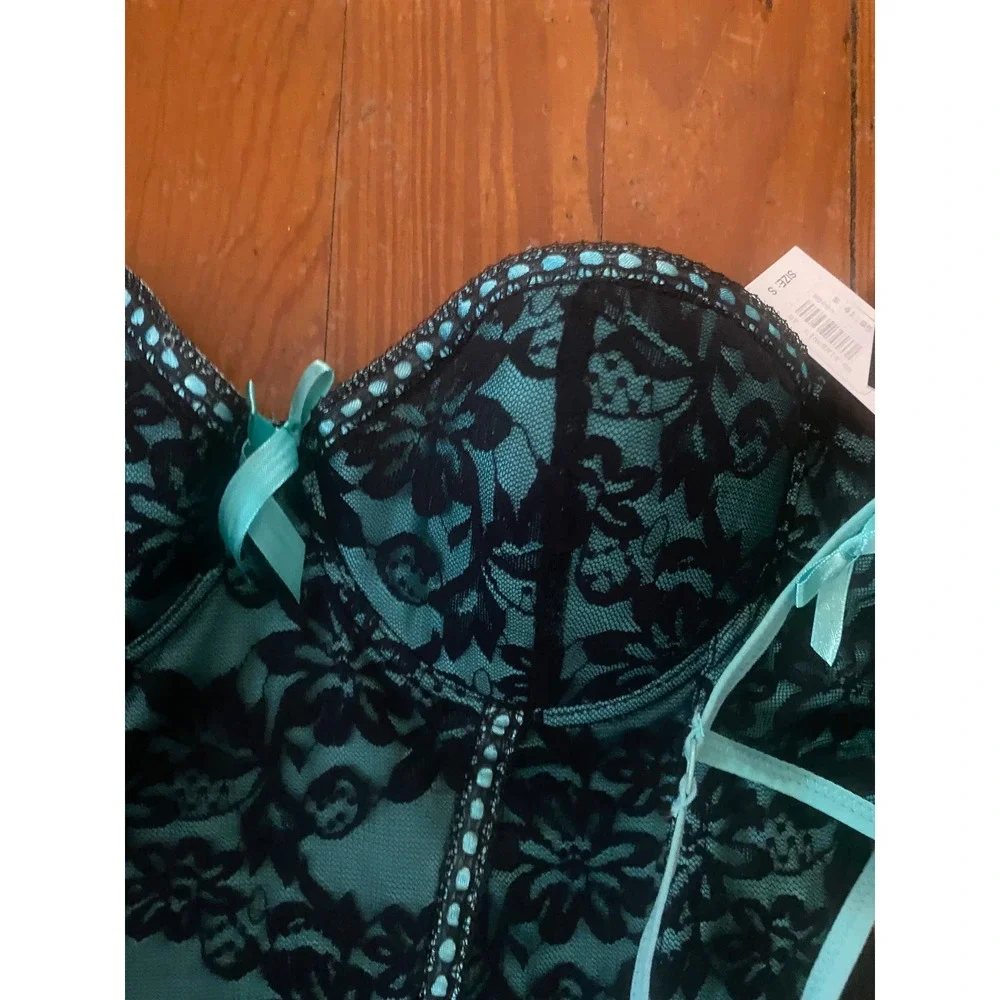 Carrie Amber Intimates Corset Bustier Set Teal Black Lace Ruffle 5086T Small